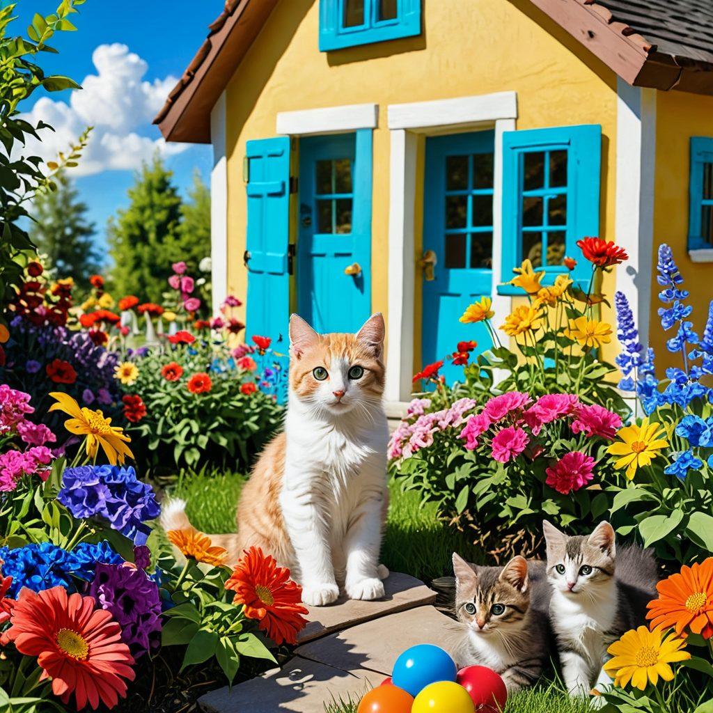A whimsical scene depicting playful kittens frolicking in a sunlit garden, surrounded by colorful toys and a variety of vibrant flowers. A gentle breeze rustles the leaves, while an adorable fluffy cat watches over them with a loving gaze. The background features a cozy cottage and a bright blue sky. The overall mood is joyful and heartwarming, celebrating the bond between kittens and their caregivers. vibrant colors. playful illustration.