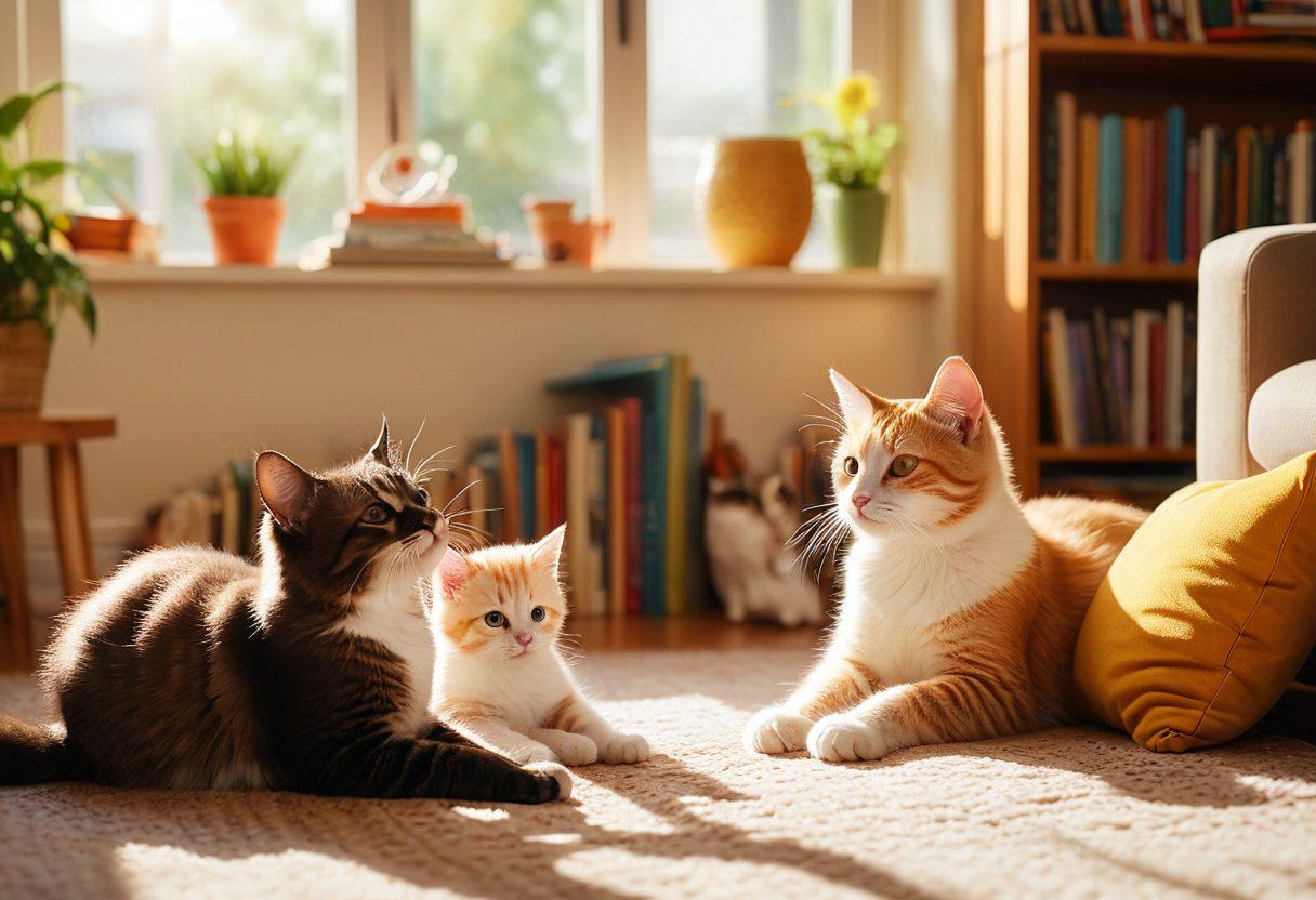 A heartwarming scene of a family gently playing with fluffy kittens in a sunny living room, surrounded by colorful cat toys and comfortable cushions. The kittens are a mix of breeds showing playful expressions, while a bookshelf filled with cat care books is in the background. Soft sunlight filters through a window, creating a cozy and inviting atmosphere. super-realistic. vibrant colors. warm lighting.