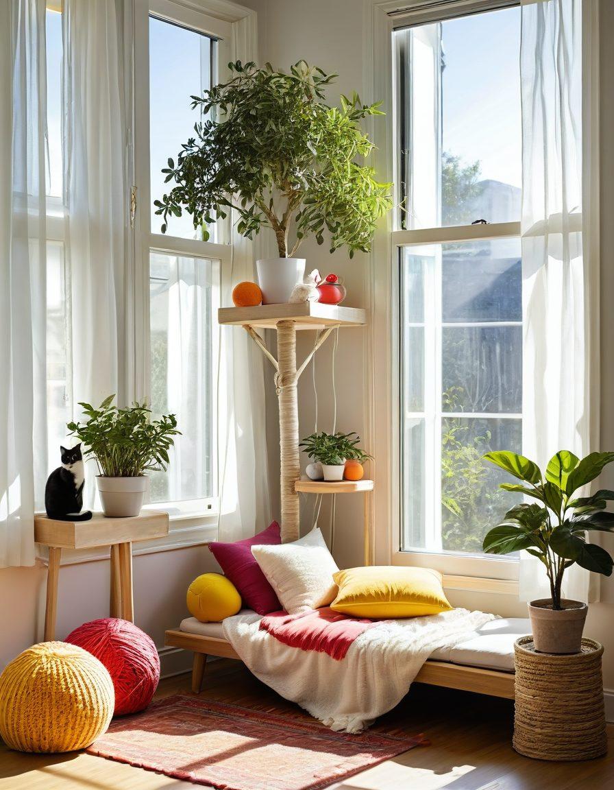 A bright and cozy indoor space filled with playful cat toys, soft colorful cushions, and a sunny window seat, where a joyful cat lounges. Include cheerful, vibrant plants to enhance the lively atmosphere, with sunlight filtering through sheer curtains, casting playful shadows. A cat tree in the corner and a scattering of playful yarn balls add to the cheerful environment. super-realistic. vibrant colors. warm, inviting ambiance.